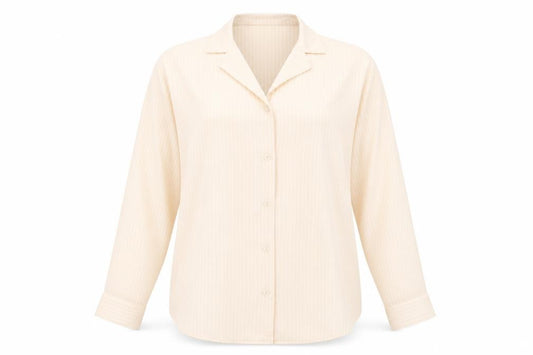 Front view of Boohoo women’s beige striped polyester basic button-up, size UK 6, collared