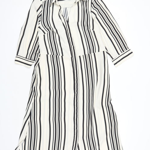 H&M Womens Ivory Striped Polyester Shirt Dress Size 8 Collared Button