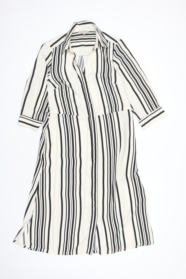 H&M Womens Ivory Striped Polyester Shirt Dress Size 8 Collared Button