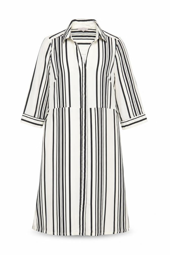 Front view of H&M women’s ivory striped polyester shirt dress, size UK 8, collared button
