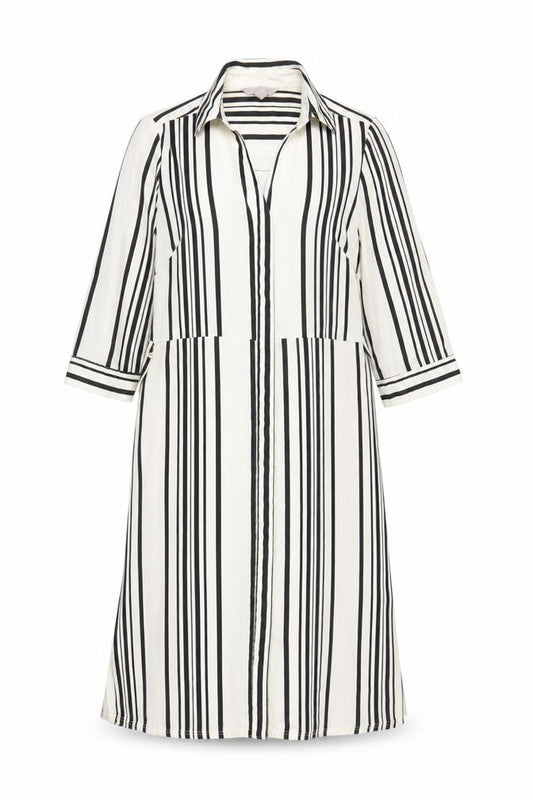 Front view of H&M women’s ivory striped polyester shirt dress, size UK 8, collared button