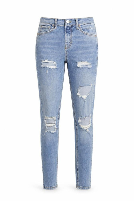 Front view of Topshop women’s blue cotton skinny jeans, size UK 24, in, 28-inch leg regular zip - pockets