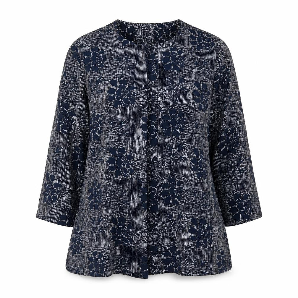 Front view of East women’s blue floral viscose basic blouse, size UK 10, v-neck