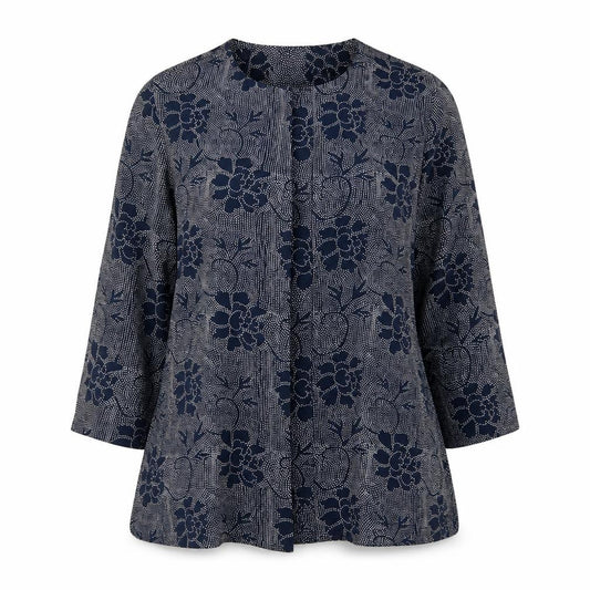 Front view of East women’s blue floral viscose basic blouse, size UK 10, v-neck