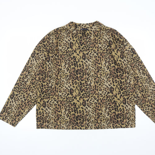 Marks and Spencer Womens Brown Mock Neck Animal Print Polyester Pullover Jumper Size 16 - le
