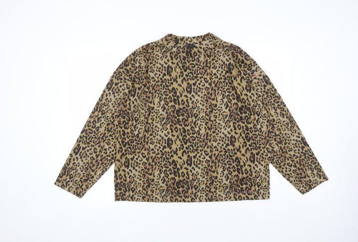 Marks and Spencer Womens Brown Mock Neck Animal Print Polyester Pullover Jumper Size 16 - le