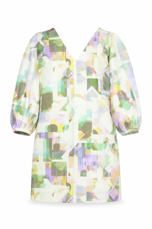 Front view of Next women’s multicoloured geometric polyester a-line, size UK 10, v-neck pullover - cold shoulder