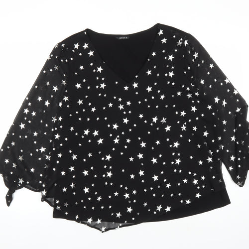 Roman Womens Black Geometric Polyester Basic Blouse Size 18 V-Neck - Star Pattern
