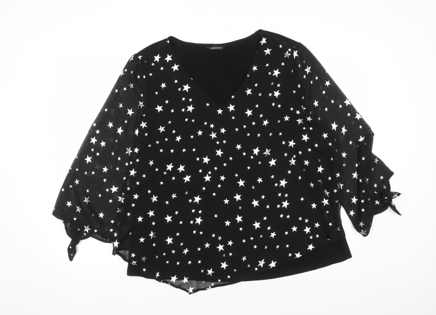 Roman Womens Black Geometric Polyester Basic Blouse Size 18 V-Neck - Star Pattern
