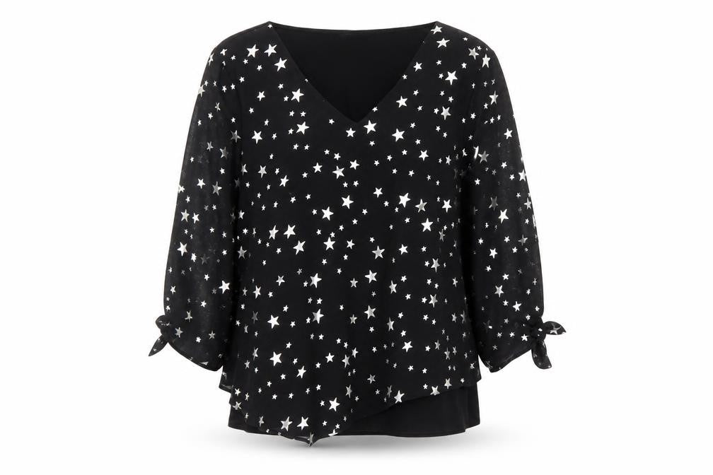 Front view of Roman women’s black geometric polyester basic blouse, size UK 18, v-neck - star pattern
