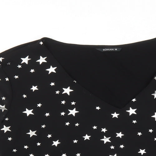 Roman Womens Black Geometric Polyester Basic Blouse Size 18 V-Neck - Star Pattern