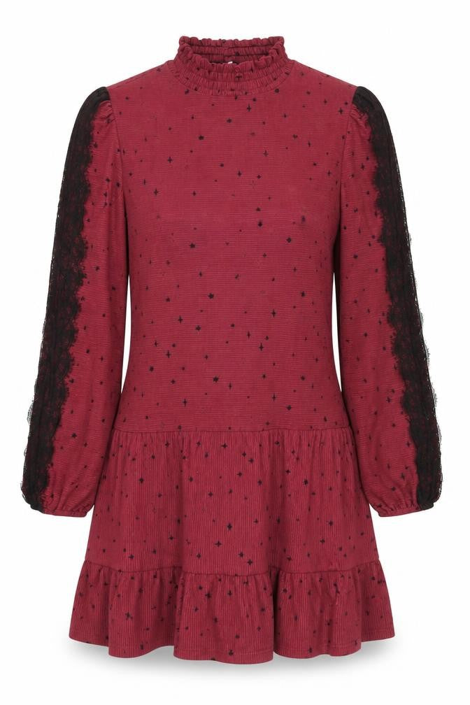 Front view of Next women’s red geometric polyester a-line, size UK 12, mock neck pullover - star pattern