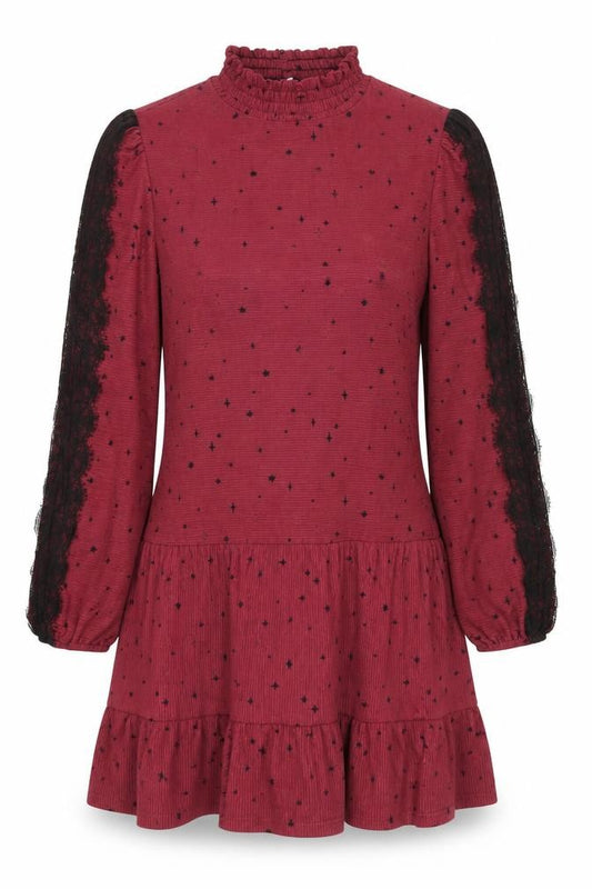 Front view of Next women’s red geometric polyester a-line, size UK 12, mock neck pullover - star pattern