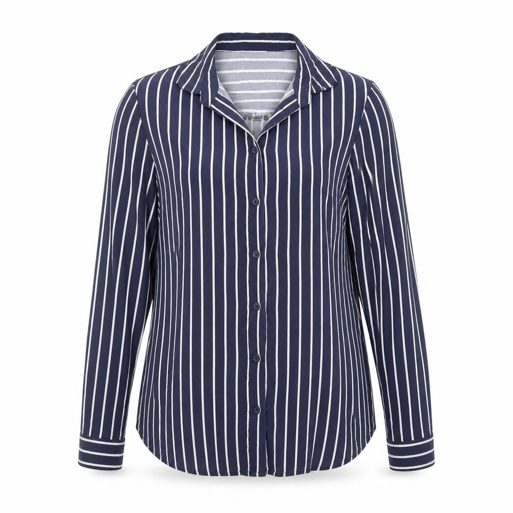 Front view of Divided by H&M women’s blue striped viscose basic button-up, size UK 10, collared