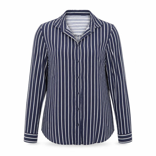 Front view of Divided by H&M women’s blue striped viscose basic button-up, size UK 10, collared