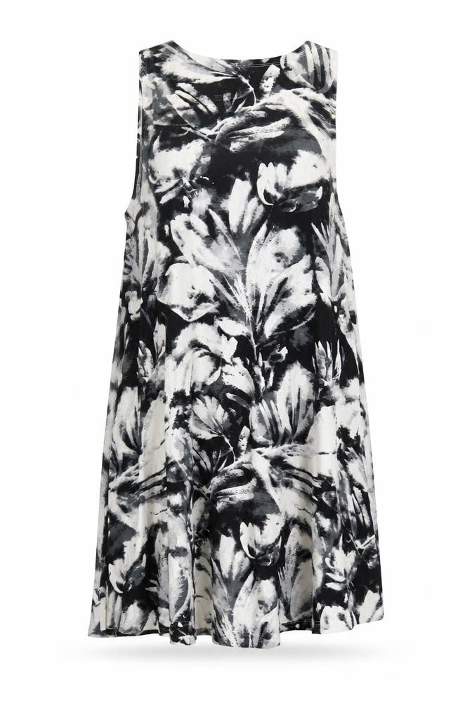 Front view of RCVA women’s black geometric polyester tank dress, size UK 12, round neck pullover - pockets
