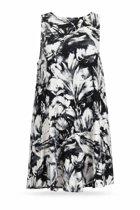 Front view of RCVA women’s black geometric polyester tank dress, size UK 12, round neck pullover - pockets