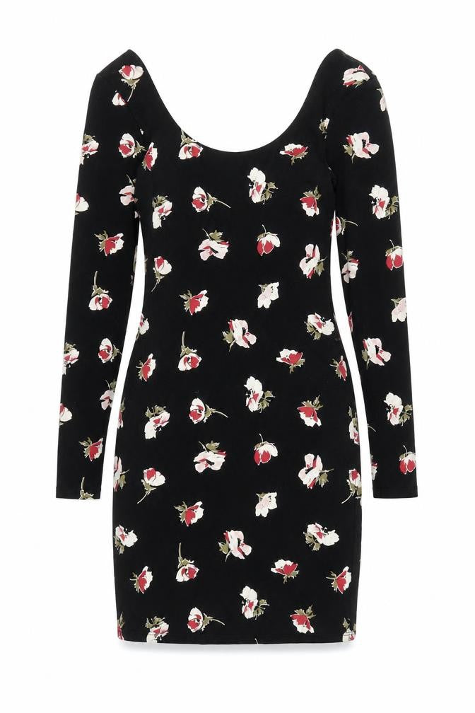 Front view of Miss Selfridge women’s black floral polyester bodycon, size UK 10, round neck pullover