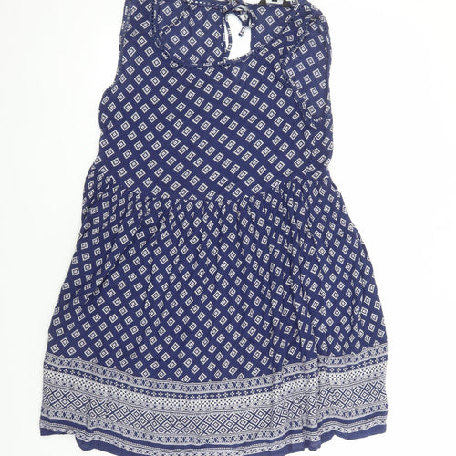 New Look Womens Blue Geometric Viscose A-Line Size 8 Round Neck Tie