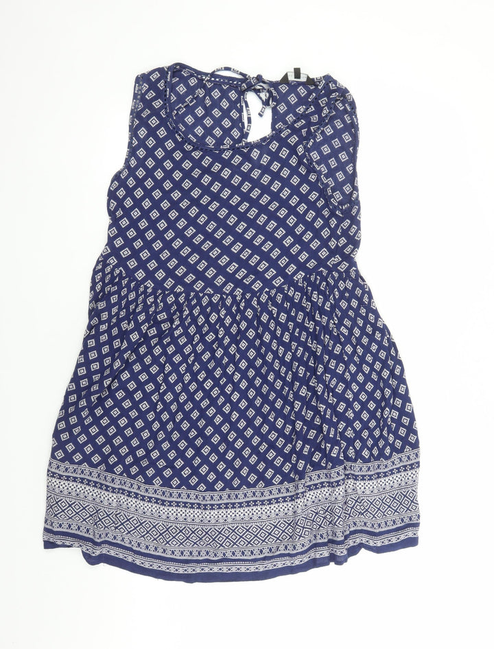 New Look Womens Blue Geometric Viscose A-Line Size 8 Round Neck Tie