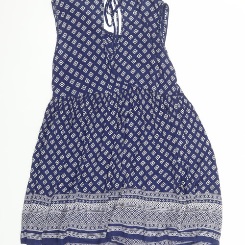 New Look Womens Blue Geometric Viscose A-Line Size 8 Round Neck Tie