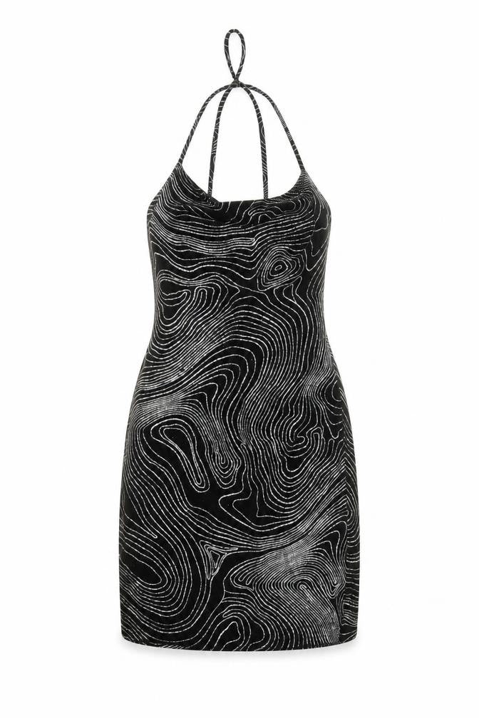 Front view of Divided by H&M women’s black geometric polyester bodycon, size S, cowl neck pullover - glitter effect