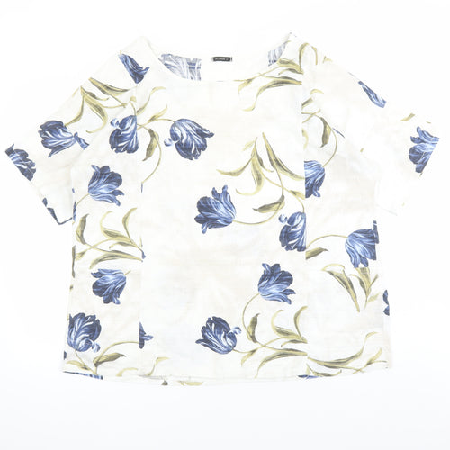Roman Womens Beige Floral 100% Cotton Basic Blouse Size L Round Neck - Pockets