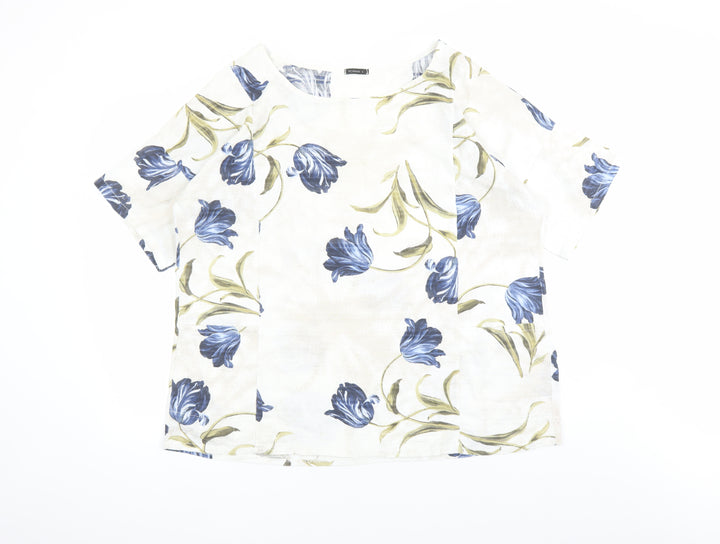 Roman Womens Beige Floral 100% Cotton Basic Blouse Size L Round Neck - Pockets