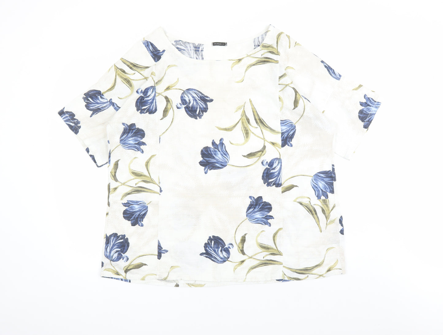 Roman Womens Beige Floral 100% Cotton Basic Blouse Size L Round Neck - Pockets