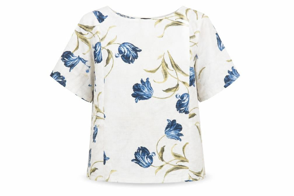 Front view of Roman women’s beige floral 100% cotton basic blouse, size L, round neck - pockets