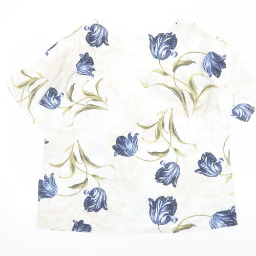 Roman Womens Beige Floral 100% Cotton Basic Blouse Size L Round Neck - Pockets