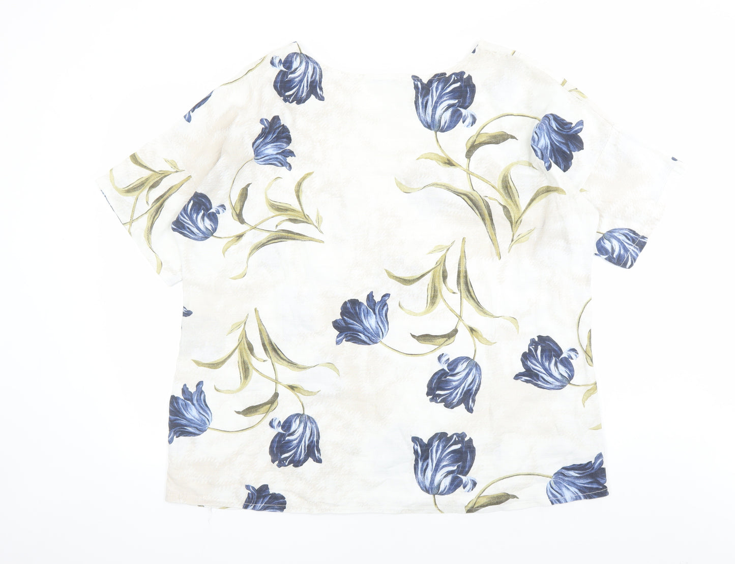 Roman Womens Beige Floral 100% Cotton Basic Blouse Size L Round Neck - Pockets