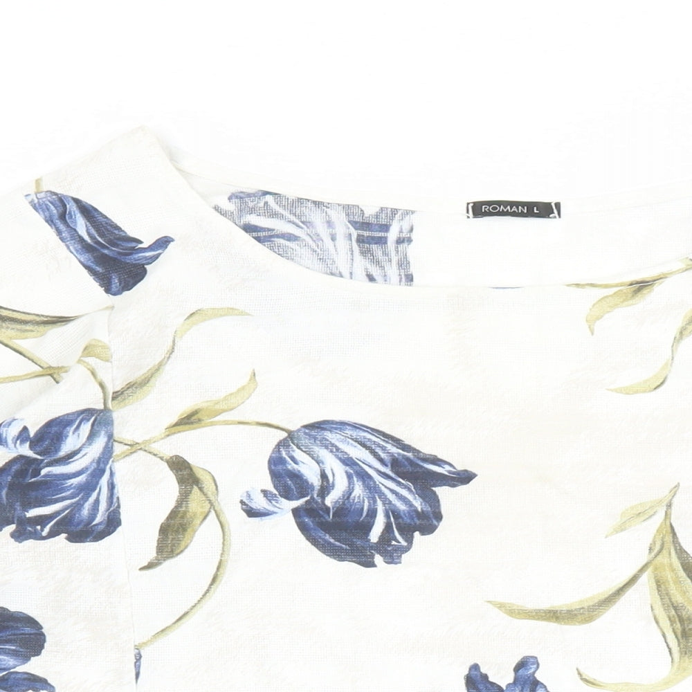 Roman Womens Beige Floral 100% Cotton Basic Blouse Size L Round Neck - Pockets