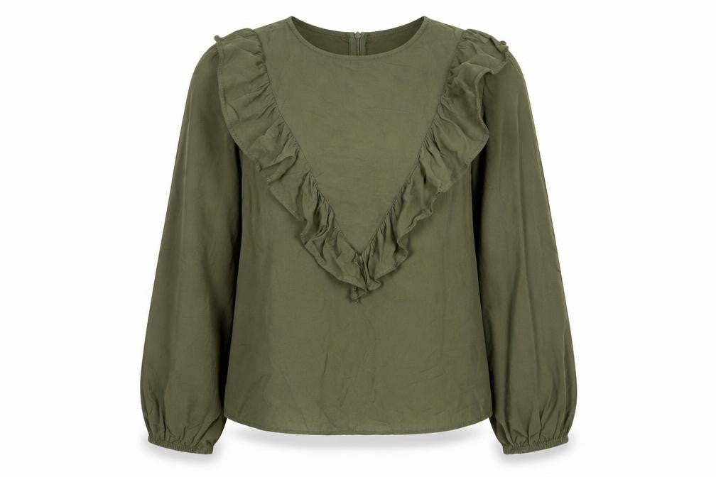 Front view of Warehouse women’s green viscose basic blouse, size UK 12, round neck
