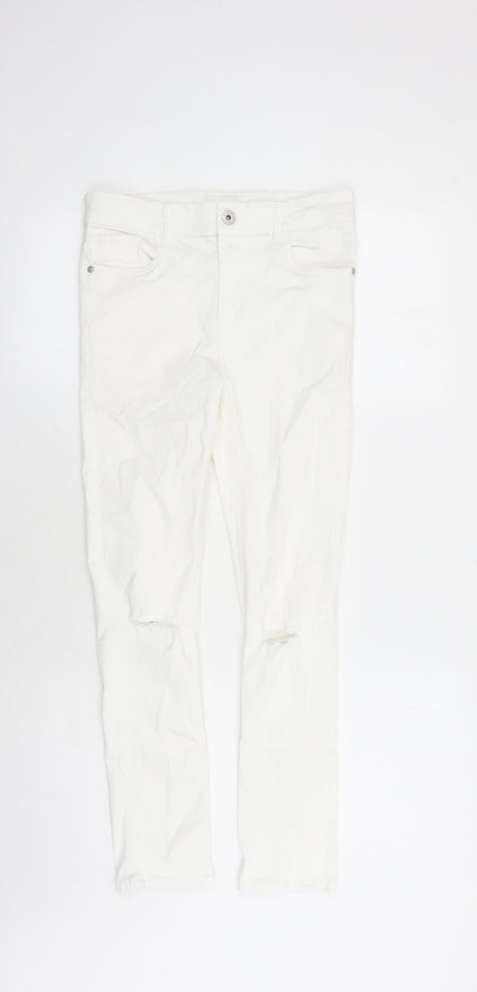 Matalan Girls White Cotton Skinny Jeans Size 12 Years L27 in Regular Zip - Distressed Look