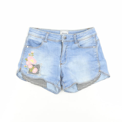 Mayoral Girls Blue Cotton Hot Pants Shorts Size 7 Years L3 in Regular Zip - Embroidered Flowers