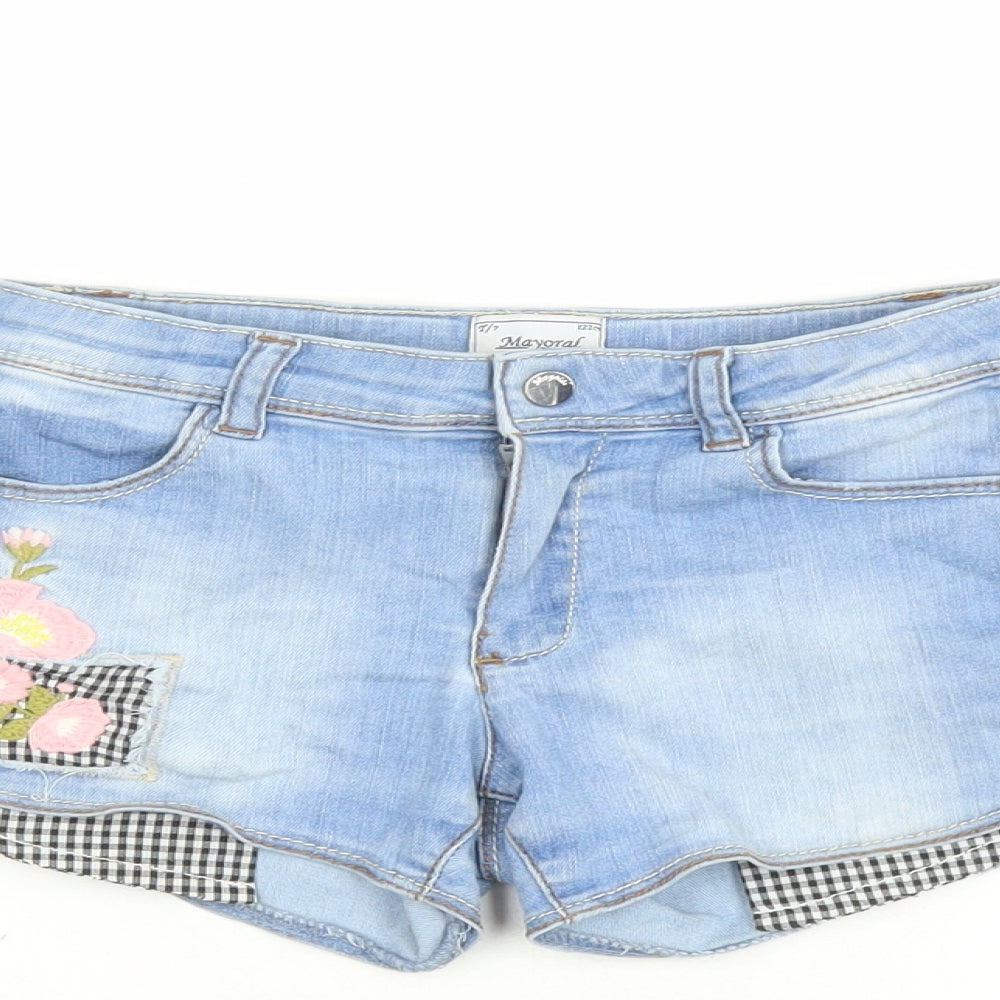 Mayoral Girls Blue Cotton Hot Pants Shorts Size 7 Years L3 in Regular Zip - Embroidered Flowers