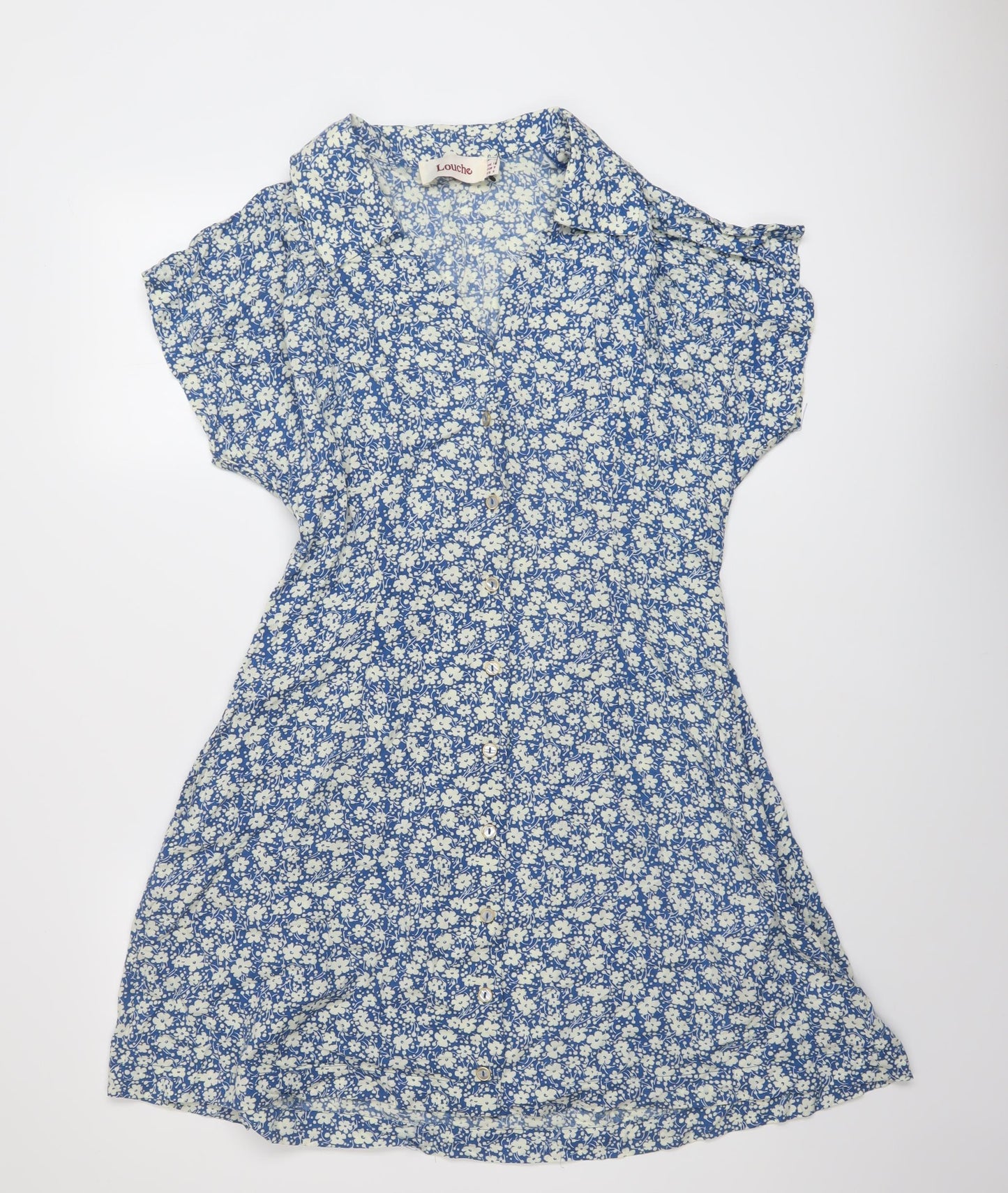 Luoche Womens Blue Floral Viscose Mini Size 10 V-Neck Button
