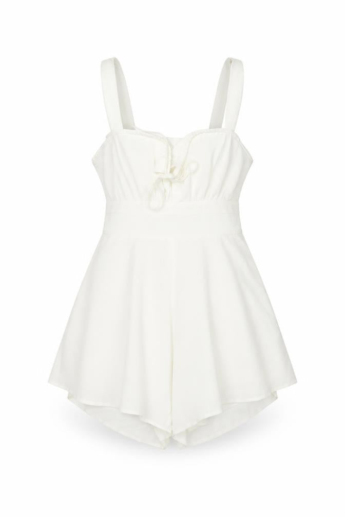 Front view of CIDER women’s ivory polyester playsuit one-piece, size S, zip