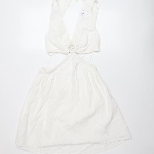 Bershka Womens Ivory Cotton A-Line Size M V-Neck Tie