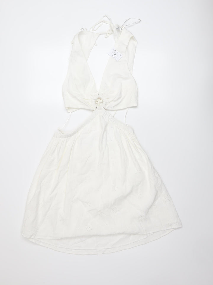 Bershka Womens Ivory Cotton A-Line Size M V-Neck Tie
