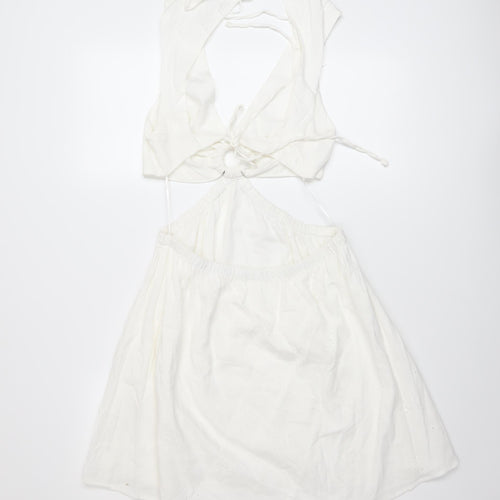 Bershka Womens Ivory Cotton A-Line Size M V-Neck Tie