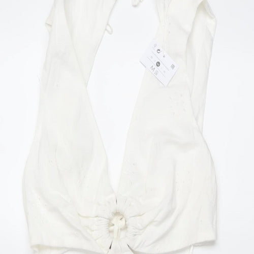 Bershka Womens Ivory Cotton A-Line Size M V-Neck Tie