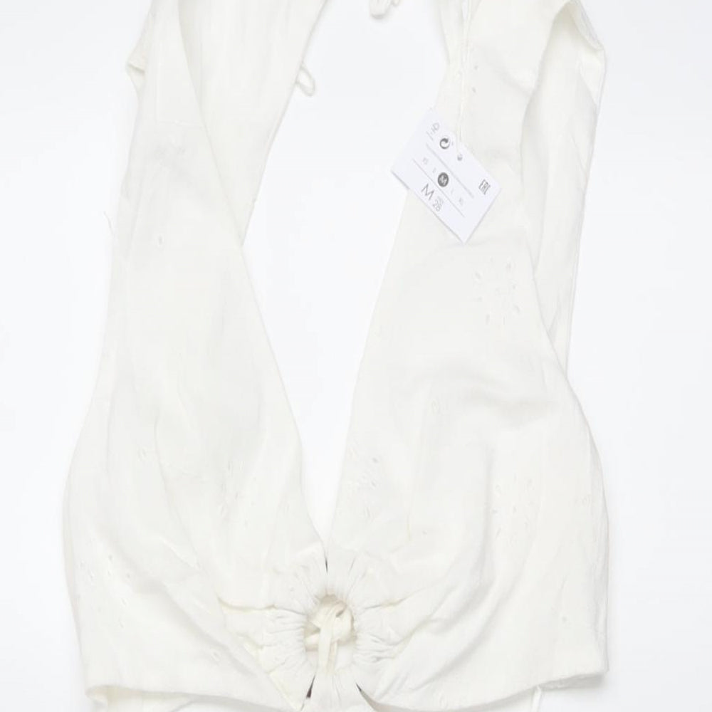 Bershka Womens Ivory Cotton A-Line Size M V-Neck Tie