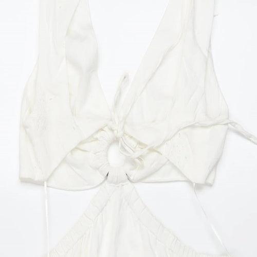 Bershka Womens Ivory Cotton A-Line Size M V-Neck Tie