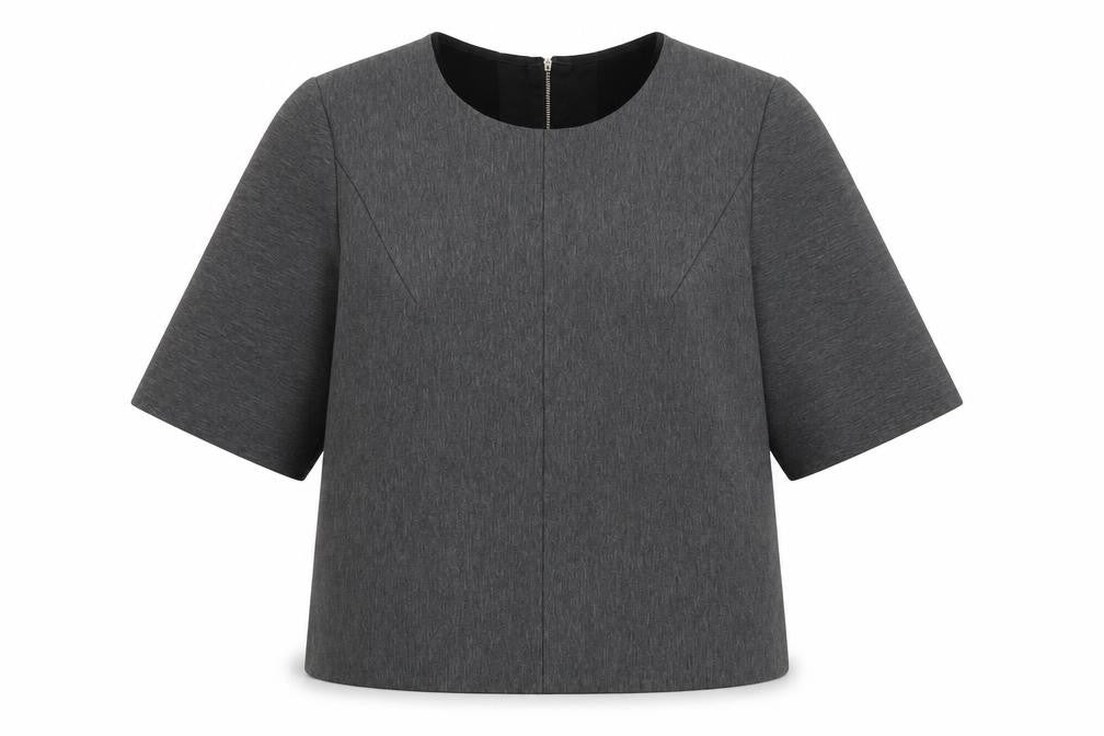 Front view of Ikojn women’s grey polyester basic blouse, size L, round neck