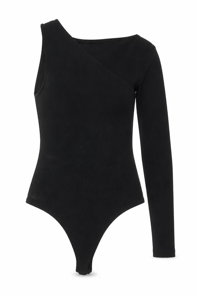 Front view of ASOS women’s black polyester bodysuit one-piece, size UK 8, snap