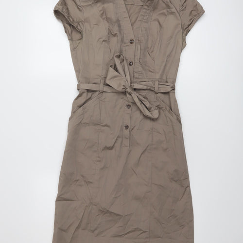 H&M Womens Brown Cotton Shirt Dress Size 8 V-Neck Button