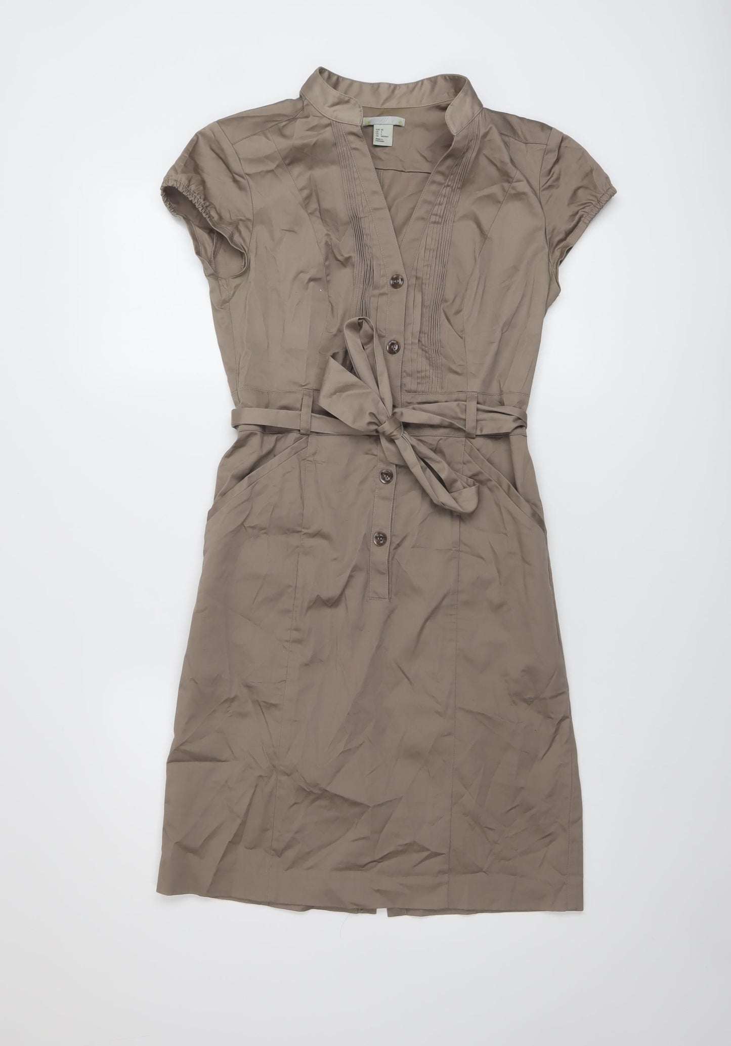 H&M Womens Brown Cotton Shirt Dress Size 8 V-Neck Button
