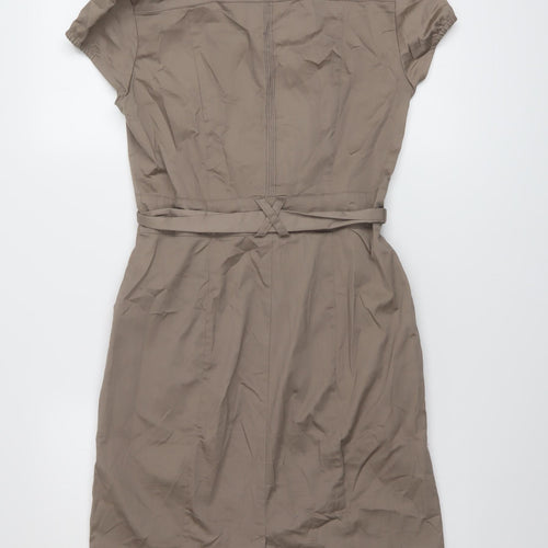 H&M Womens Brown Cotton Shirt Dress Size 8 V-Neck Button